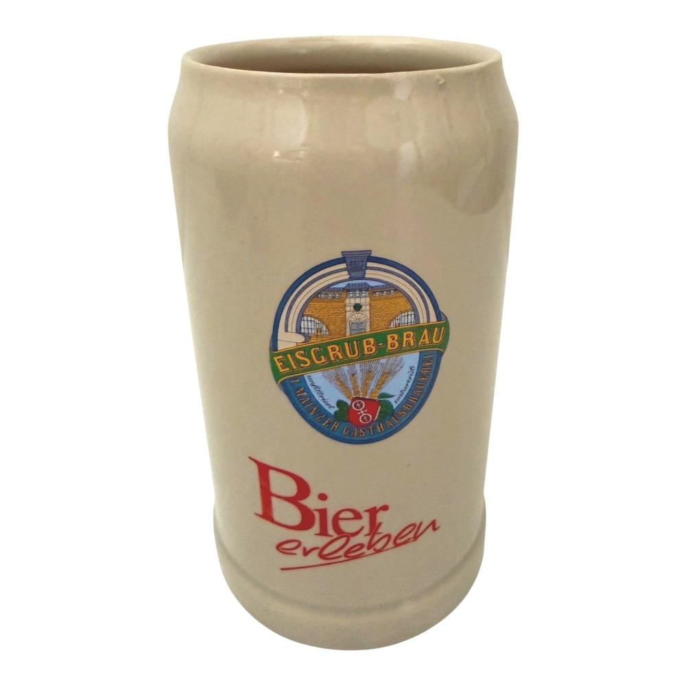 German Beer Stein Eisgrub-Bräu in Mainz 1L Stoneware Mug Bier Erleben Grey